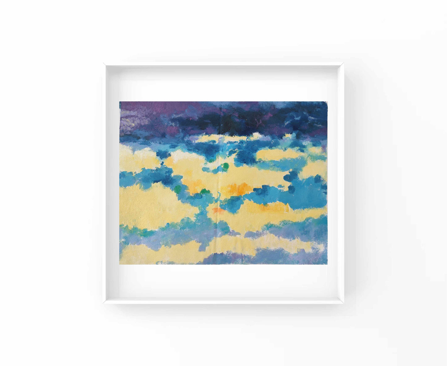 The composition is inspired by the scene of the ten o'clock sun shining over the earth, where warm and cool colors collide intensely. Warm tones such as yellow and orange spill down like sunlight, symbolizing warmth and vitality, evoking a sense of brightness and hope. Meanwhile, cool hues like blue and purple, resembling thick clouds, bring a feeling of calmness and depth.