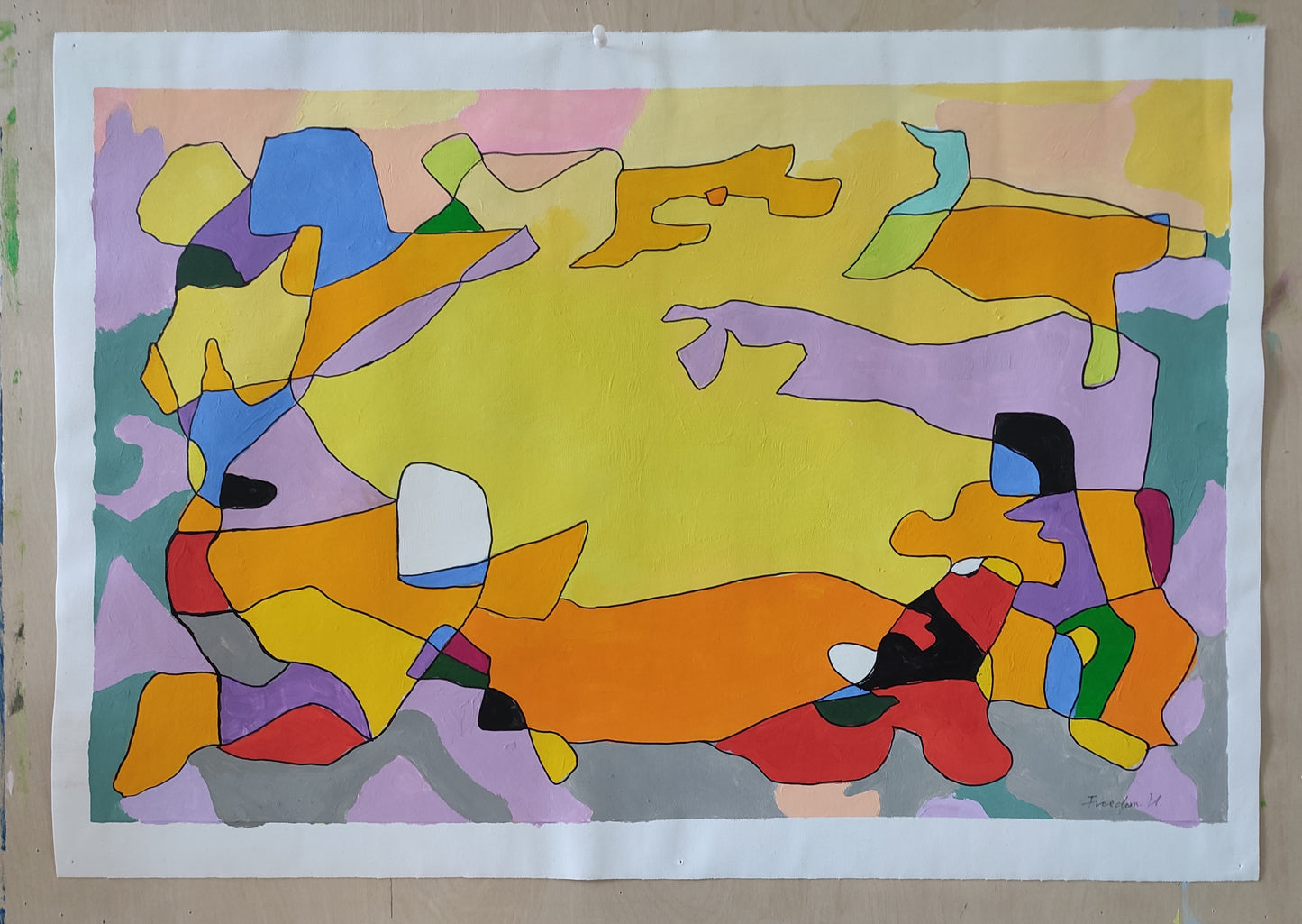 Warm tones such as yellow and orange dominate the composition, just like the scorching yet bright noontime sun, conveying warmth and vitality. Cool hues like purple and blue serve as accents, balancing the color temperature of the painting while adding layers and depth. The artist uses simple, fluid lines to outline irregular color blocks. These blocks interweave, collide, and blend with one another, breaking free from the constraints of figurative representation in traditional painting and expressing a uni