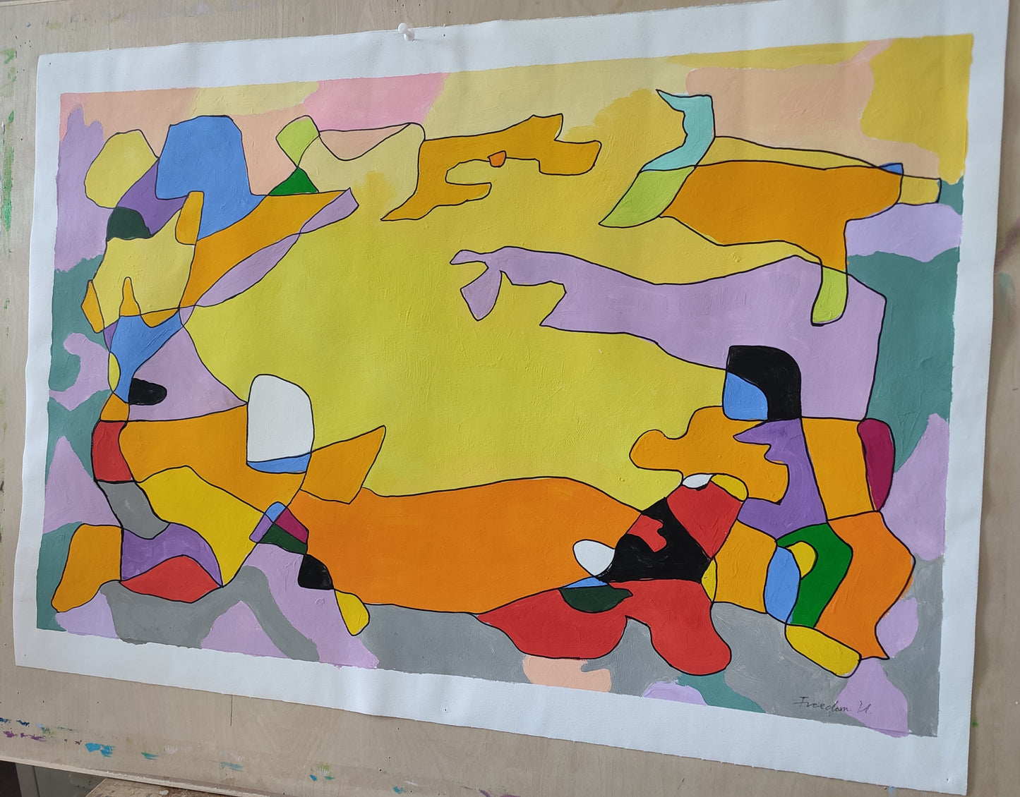 Warm tones such as yellow and orange dominate the composition, just like the scorching yet bright noontime sun, conveying warmth and vitality. Cool hues like purple and blue serve as accents, balancing the color temperature of the painting while adding layers and depth. The artist uses simple, fluid lines to outline irregular color blocks. These blocks interweave, collide, and blend with one another, breaking free from the constraints of figurative representation in traditional painting and expressing a uni