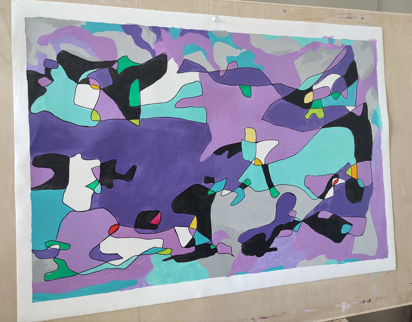 Shades of blue and purple dominate the piece, symbolizing the coldness and melancholy of a rainy day—much like the thick clouds and fine rain threads in the sky. These blue and purple blocks interweave and overlap with other colors such as black, white, green, and yellow, forming a free and unordered arrangement. These irregular color blocks are like paint scattered by rain, flowing freely across the canvas without any constraints, embodying a sense of spontaneity and freedom