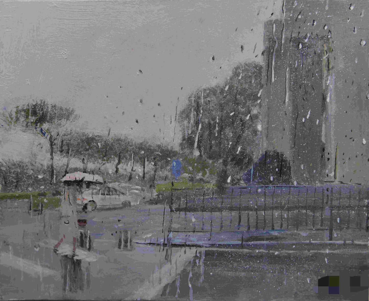 Driving alone on a rainy day, the surrounding hustle and bustle gradually fades away, and the world returns to tranquility. Outside the car window, raindrops slide down the glass, forming flowing streaks. Looking through these streaks, the scenery becomes blurred and distorted by the refraction of accumulated water, with lines and contours taking on an exaggerated quality. This is an unexpected natural beauty, like a sudden beam of setting sun encountered around a corner—unpolished yet infinitely romantic.