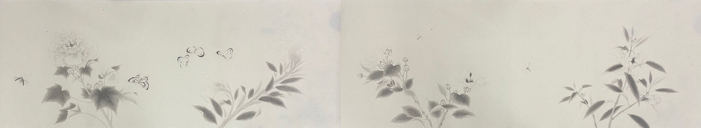 The disappointment of the flowering period is the prosperity of life at its peak. The whole painting only relies on the dry and wet changes of ink color to outline the flowers. The blank space at the bottom of the paper exposed by butterflies flying is the gap under time leakage, just like the moment when the flower shadow shakes in the wind. In a trance, the ancient meaning of "flowers can be folded straight, so don't wait for no flowers to fold branches" emerges from the depths of ink. This is the epitome