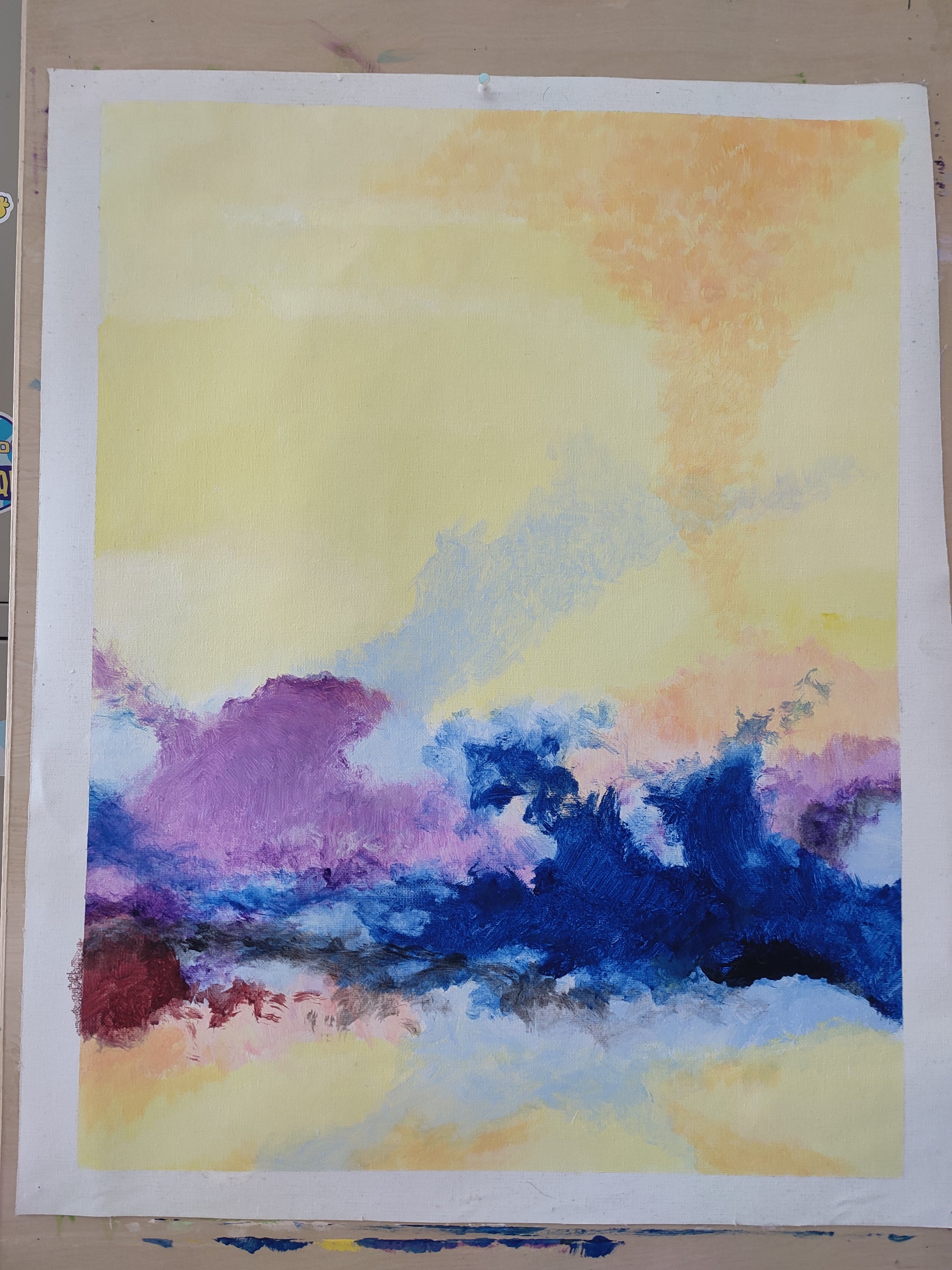 The vitality of all things on the earth under the sunshine is vividly depicted. A large area of soft warm yellow and orange tones spread out, like the first ray of sunlight in the early morning, gentle and bright, setting a warm and hopeful tone for the entire painting. It seems as if one can feel the mild warmth of the sunshine on the body. Blocks of blue and purple in varying shades interweave, resembling the vigorously growing vegetation on the earth or the soil moistened by dew. The collision between bl