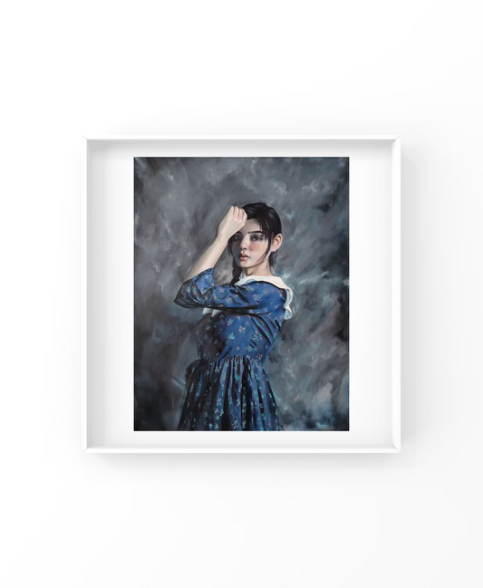 A Girl in a Blue Floral Dress