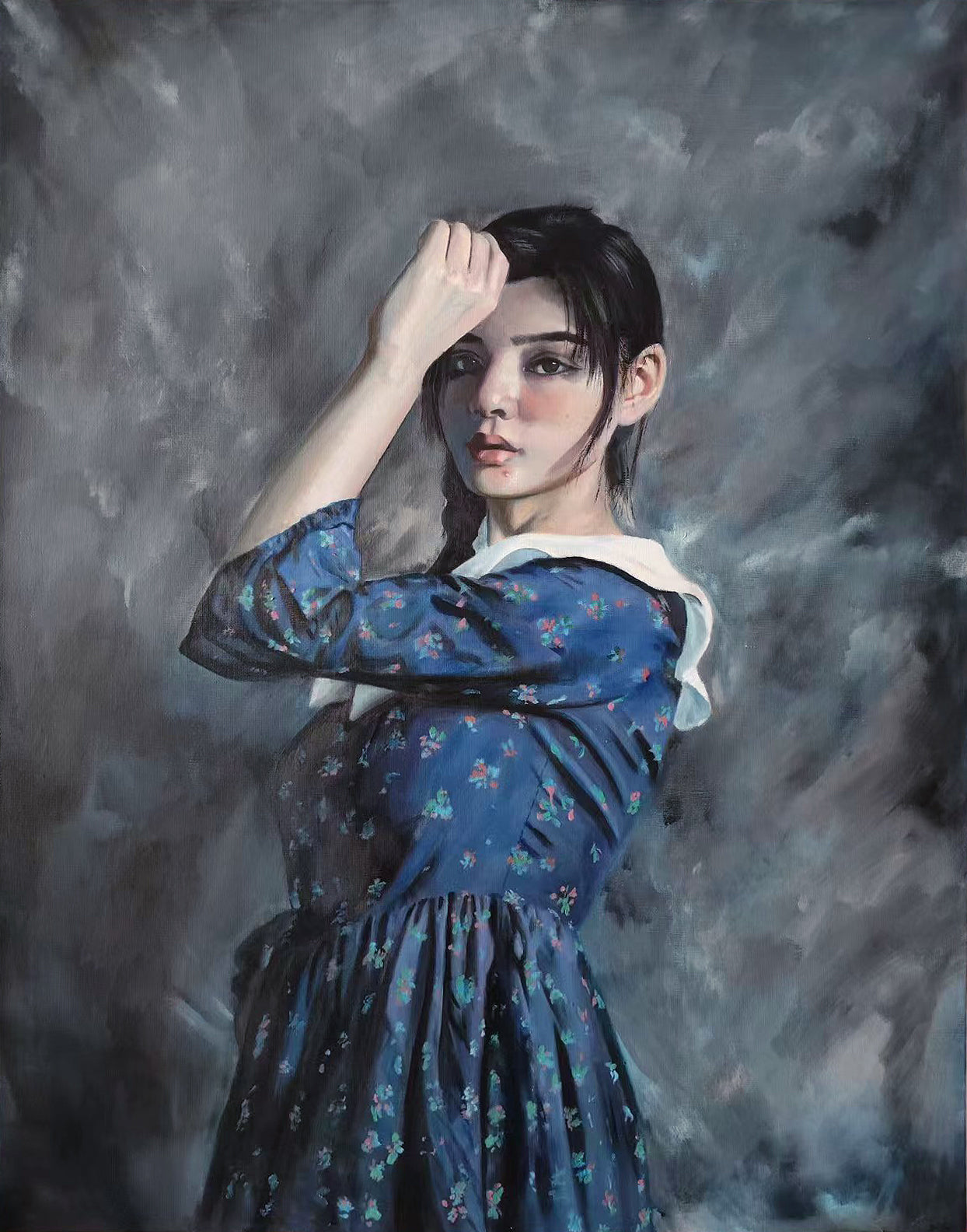 A Girl in a Blue Floral Dress