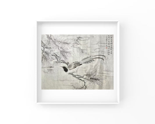 A lone bird stands quietly in the pine branch. Old pine rubs out the jagged bark with a dry pen, and sharp pine needles stick out like steel needles, which are layered all over the branches. The bird folded its wings, and its figure was small among the sharp pine needles, but it lived steadily and was not hurt by the sharp edge. The whole painting does not have a single color, but is outlined in different shades of ink. The blank space of the picture is like a cloud, suggesting that this pine is in the clou