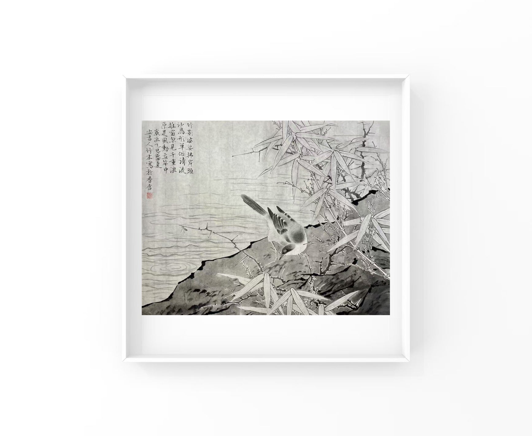 In the works of Artist ID:#008, a water bird stands by the shore, gazing at insects. The artist hopes to break away from the fast-food-style life and let viewers slow down. Bamboo is an important symbol in traditional painting, and Artist ID:#008 compares himself to this water bird, longing to meet people of noble character and high quality to show the way.