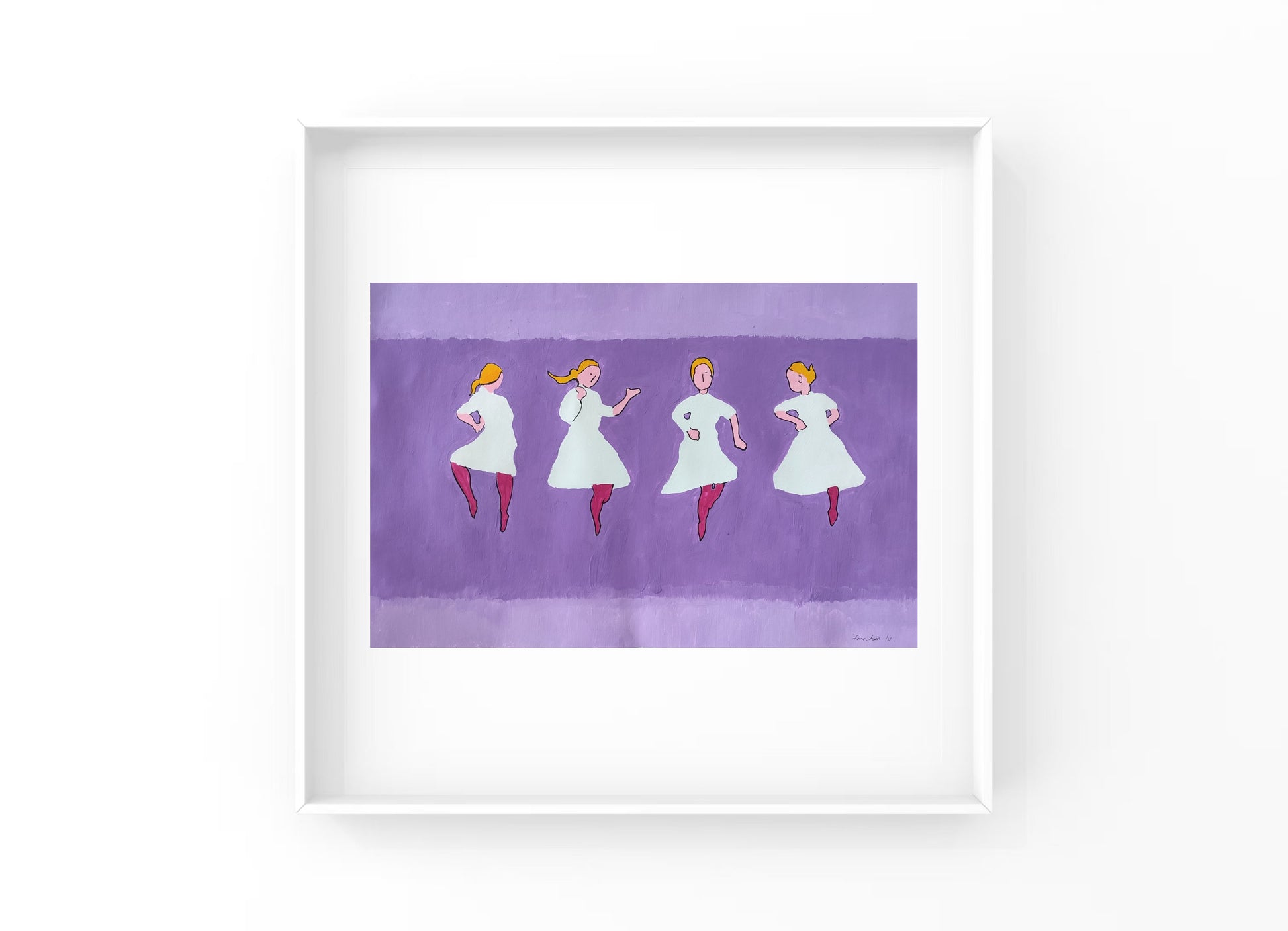 A concise and pure artistic language reveals the agility and vitality of dance. The background uses a large area of uniform pale purple, creating a quiet yet slightly mysterious atmosphere—like a stage curtain, it sets off the figures of the dancers in the foreground. The four dancers are dressed in light green skirts paired with bright red tights, forming a striking color contrast.