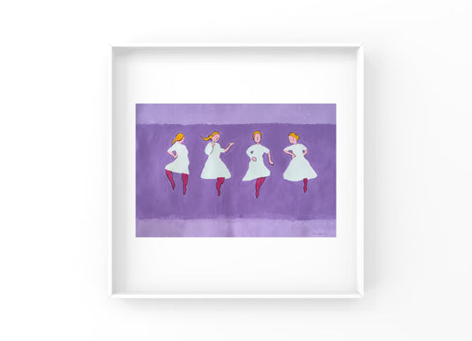A concise and pure artistic language reveals the agility and vitality of dance. The background uses a large area of uniform pale purple, creating a quiet yet slightly mysterious atmosphere—like a stage curtain, it sets off the figures of the dancers in the foreground. The four dancers are dressed in light green skirts paired with bright red tights, forming a striking color contrast.