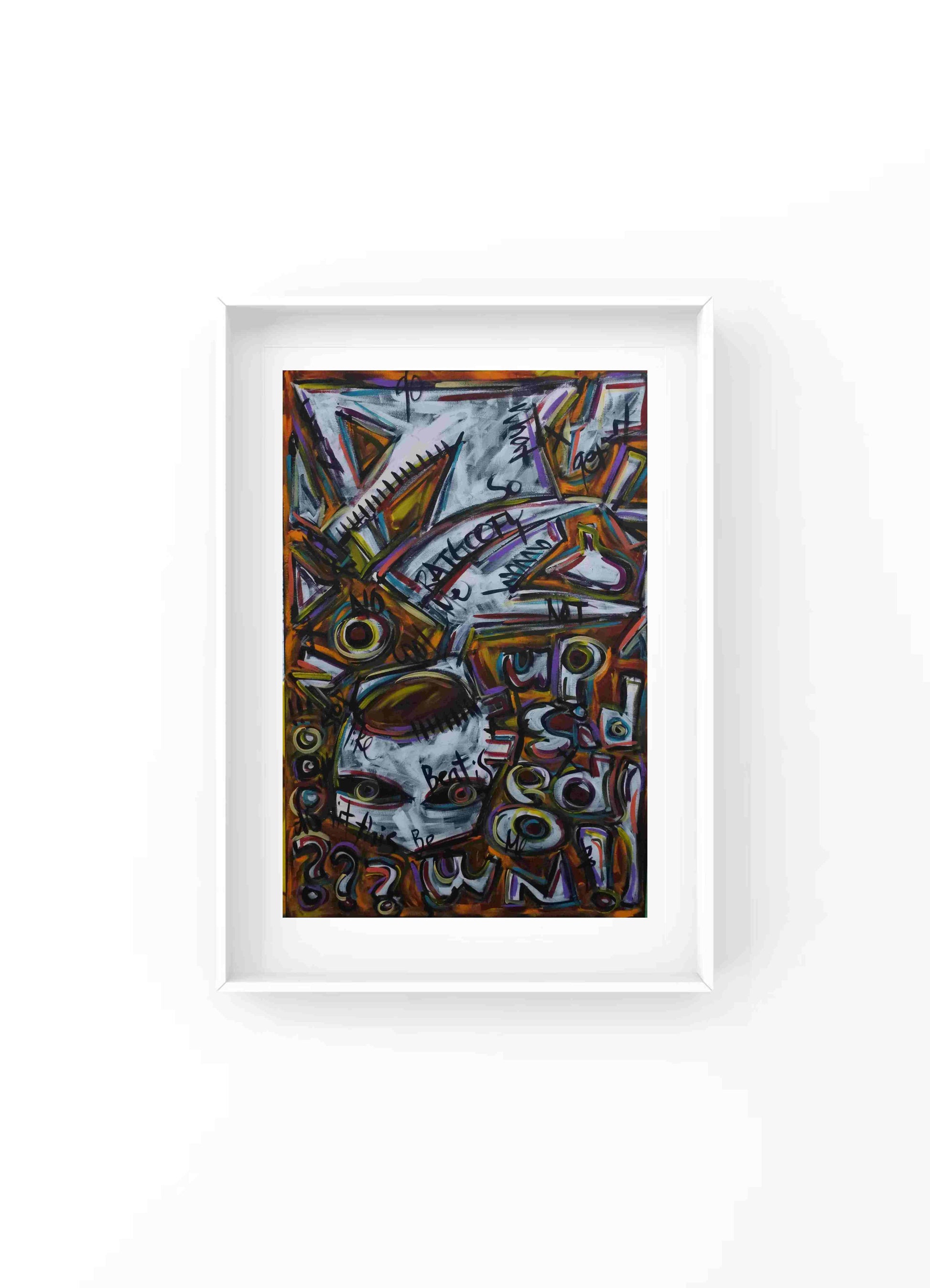 The variegated color blocks burn like flames. Lines in orange, purple, and blue recklessly slice through the space, breaking the picture plane into fragmented yet interwoven sections. The scribbled texts, like cryptic emotional symbols, dance in tandem with distorted human face outlines and geometric fragments, conveying an atmosphere where chaos and contemplation coexist. Art captures fragments of consciousness in the clamorous world, and cries out with wild brushstrokes and colors.