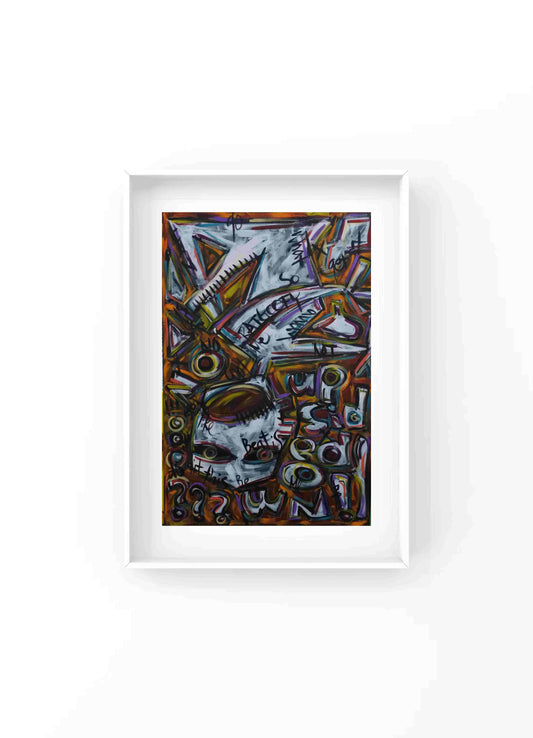 The variegated color blocks burn like flames. Lines in orange, purple, and blue recklessly slice through the space, breaking the picture plane into fragmented yet interwoven sections. The scribbled texts, like cryptic emotional symbols, dance in tandem with distorted human face outlines and geometric fragments, conveying an atmosphere where chaos and contemplation coexist. Art captures fragments of consciousness in the clamorous world, and cries out with wild brushstrokes and colors.