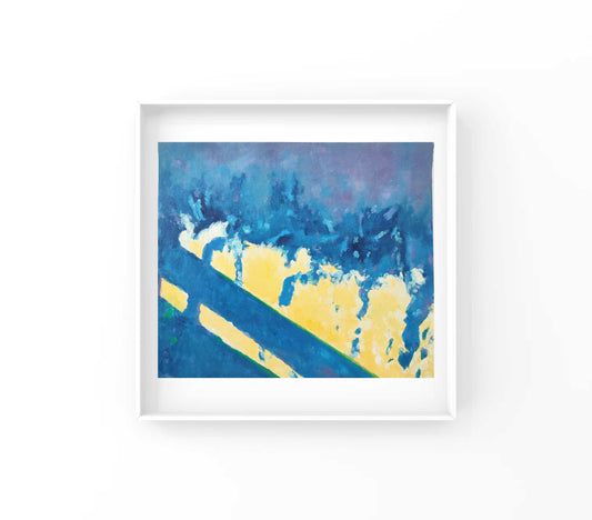 The bright yellow and warm white blocks represent the early morning sunlight. They pour in from one side of the painting, as if carrying a trace of warmth, dispelling the coldness around. Intertwined with them are blocks of blue and blue-purple, which resemble the night that has not yet fully faded in the early morning, or the corners of the room shrouded in shadows.