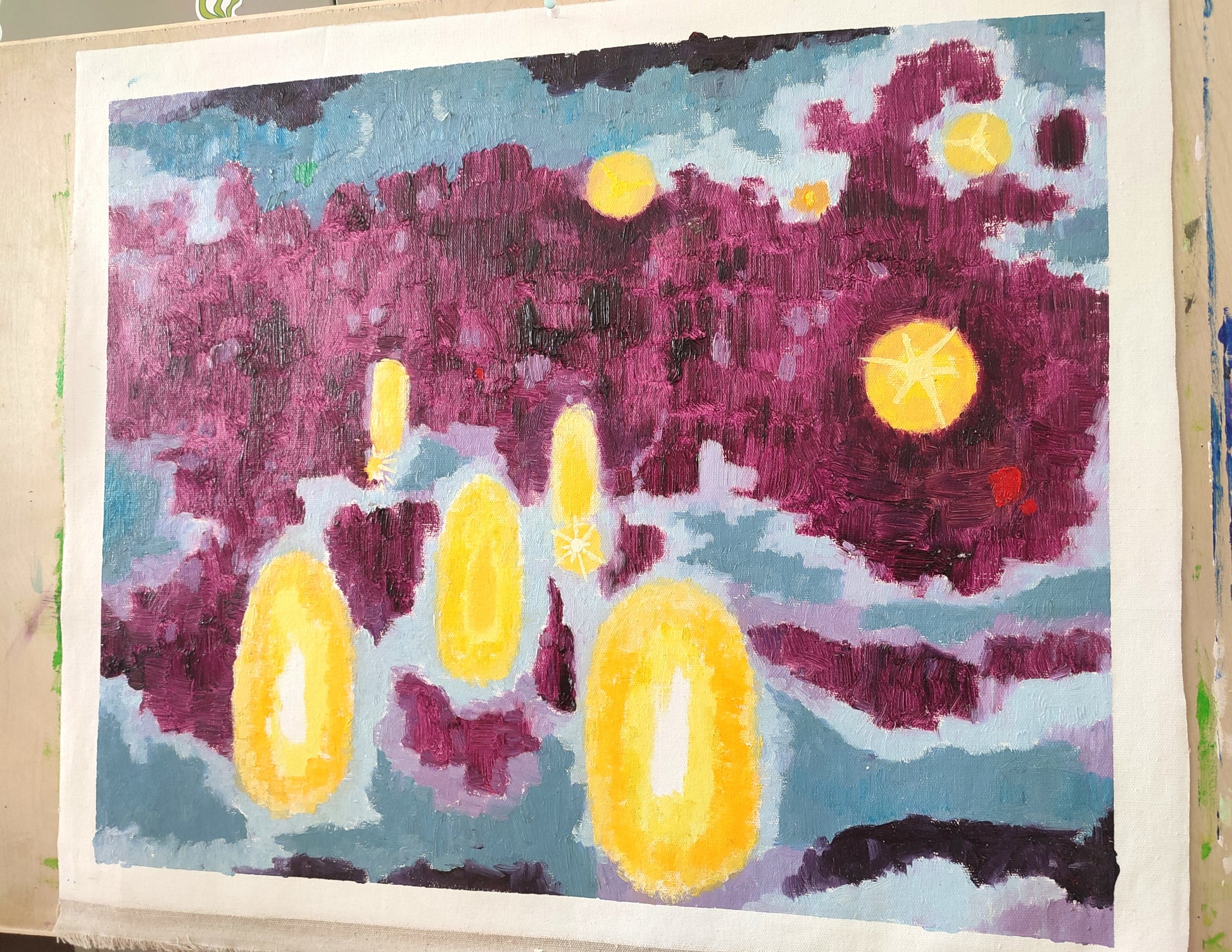 The night is depicted in deep purple and grayish-blue tones, with a large expanse of dark-colored background creating a sense of tranquility and mystery of the night. Under the night, the twinkling lights become the visual focus. Bright yellow lights appear in various forms, standing out vividly against the dark tones, as if they were dancing musical notes in the night.
