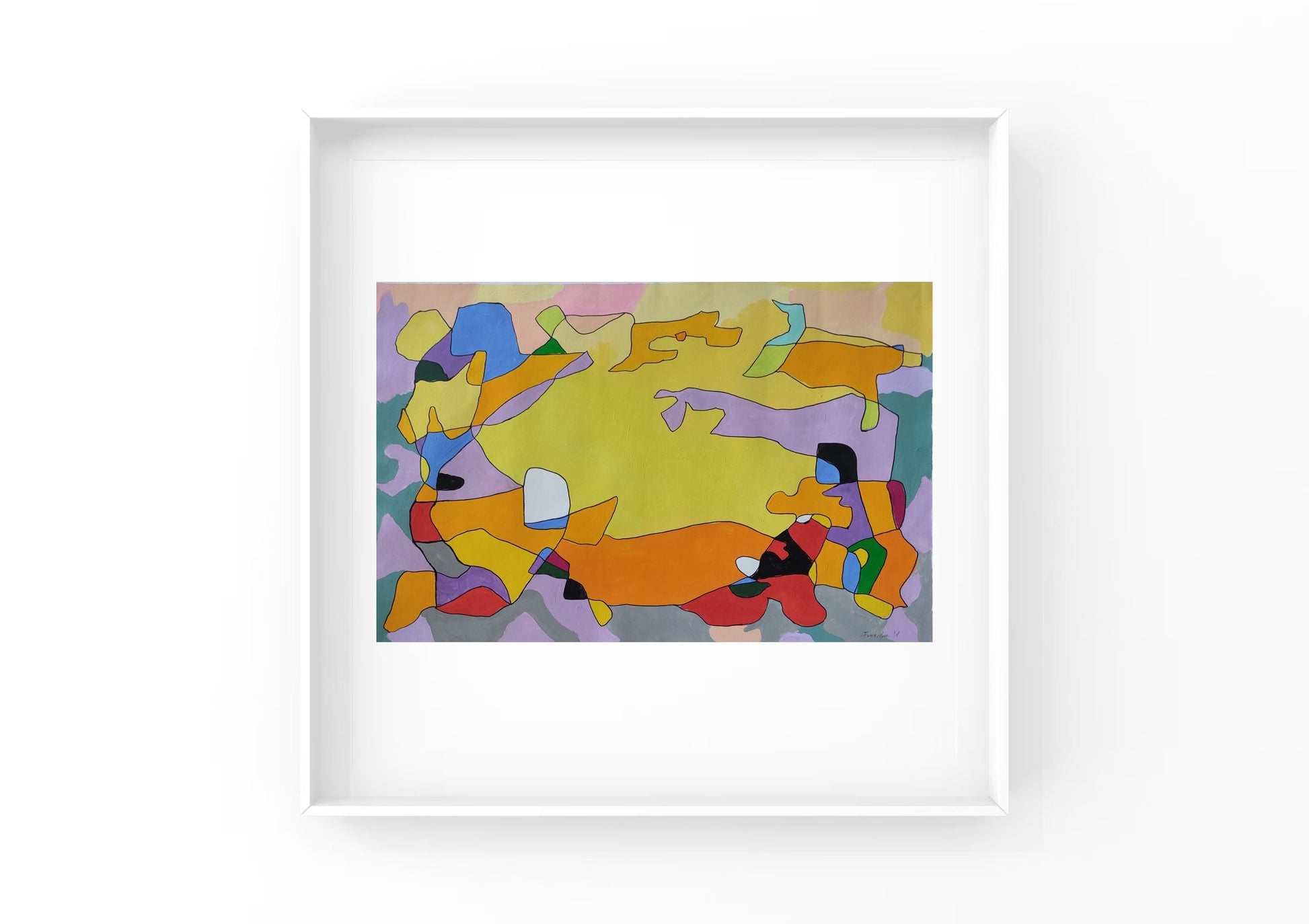 Warm tones such as yellow and orange dominate the composition, just like the scorching yet bright noontime sun, conveying warmth and vitality. Cool hues like purple and blue serve as accents, balancing the color temperature of the painting while adding layers and depth. The artist uses simple, fluid lines to outline irregular color blocks. These blocks interweave, collide, and blend with one another, breaking free from the constraints of figurative representation in traditional painting and expressing a uni