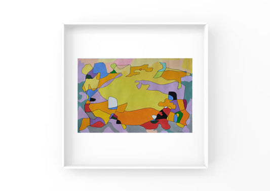 Warm tones such as yellow and orange dominate the composition, just like the scorching yet bright noontime sun, conveying warmth and vitality. Cool hues like purple and blue serve as accents, balancing the color temperature of the painting while adding layers and depth. The artist uses simple, fluid lines to outline irregular color blocks. These blocks interweave, collide, and blend with one another, breaking free from the constraints of figurative representation in traditional painting and expressing a uni