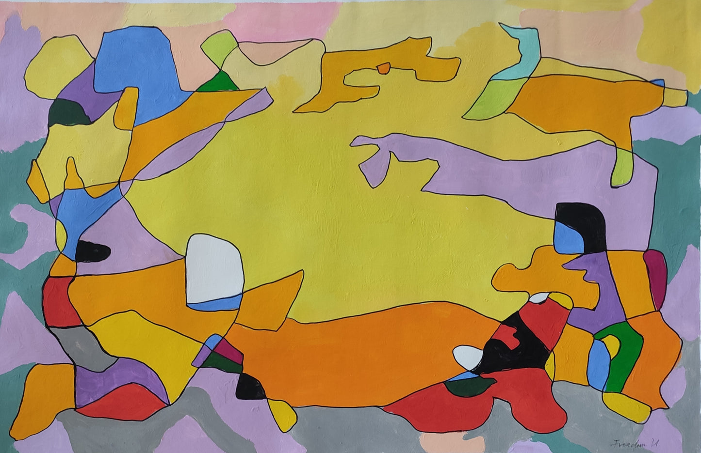 Warm tones such as yellow and orange dominate the composition, just like the scorching yet bright noontime sun, conveying warmth and vitality. Cool hues like purple and blue serve as accents, balancing the color temperature of the painting while adding layers and depth. The artist uses simple, fluid lines to outline irregular color blocks. These blocks interweave, collide, and blend with one another, breaking free from the constraints of figurative representation in traditional painting and expressing a uni