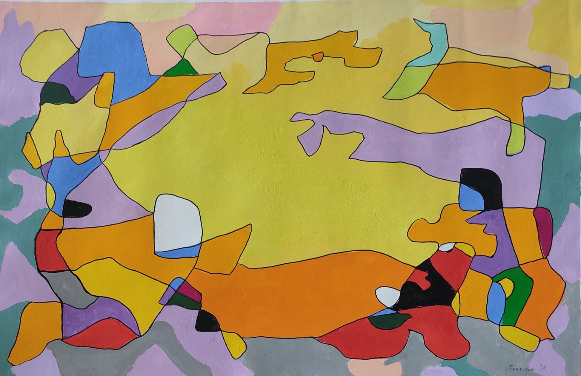 Warm tones such as yellow and orange dominate the composition, just like the scorching yet bright noontime sun, conveying warmth and vitality. Cool hues like purple and blue serve as accents, balancing the color temperature of the painting while adding layers and depth. The artist uses simple, fluid lines to outline irregular color blocks. These blocks interweave, collide, and blend with one another, breaking free from the constraints of figurative representation in traditional painting and expressing a uni