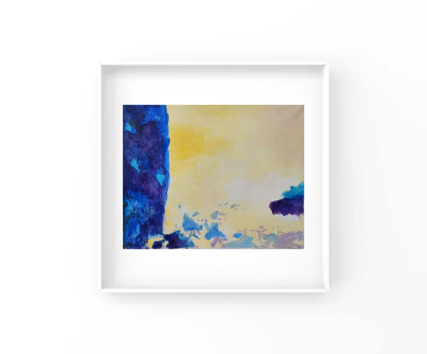 A large expanse of warm yellow spreads across the canvas, symbolizing the sunlight that bathes the earth, conveying brightness, warmth, and vitality. In striking contrast, the thick blue-purple block on the left represents clouds or shadows in the sky, exuding a sense of coldness and composure. Warm and cool colors collide intensely in the painting