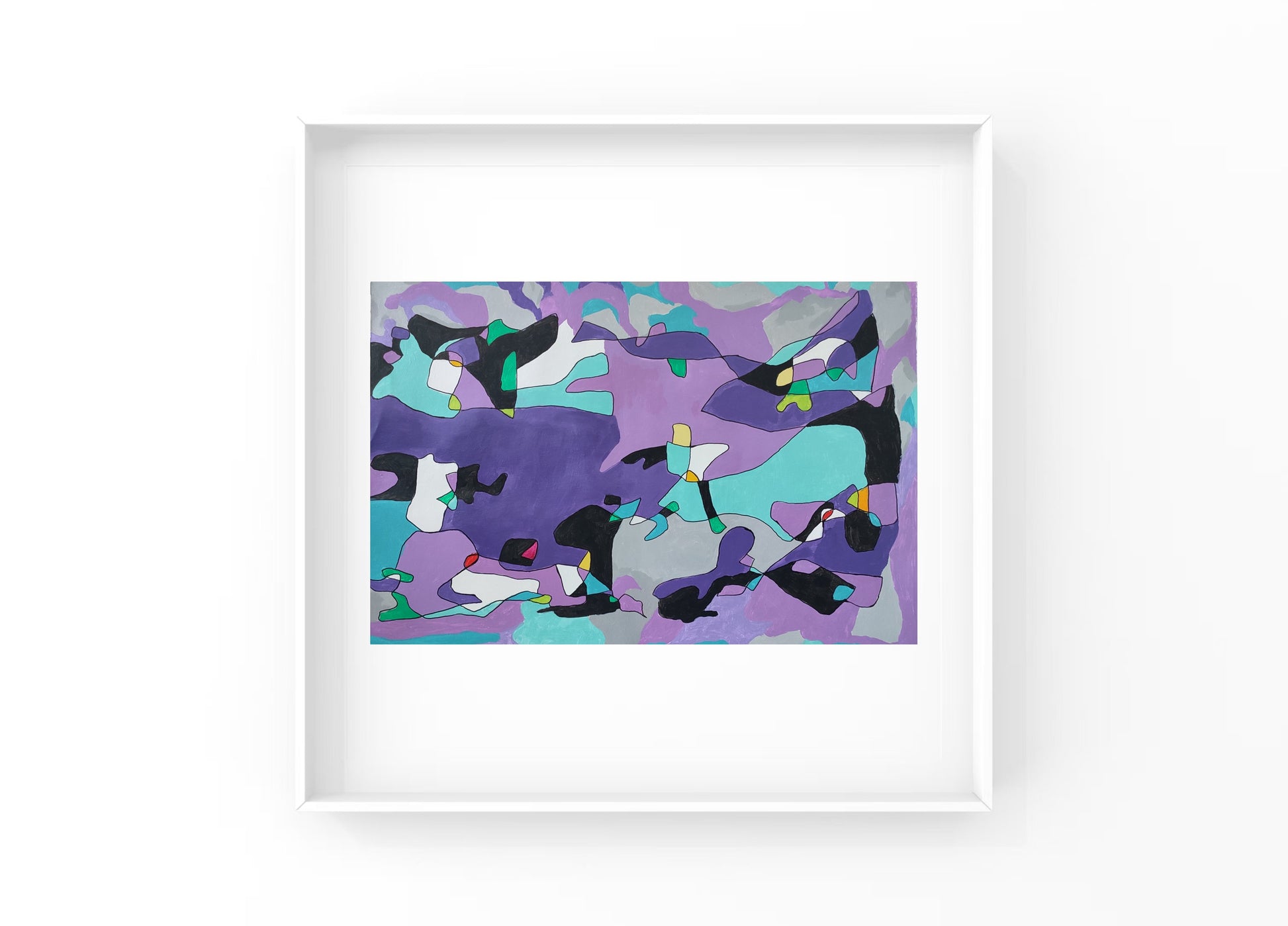 Shades of blue and purple dominate the piece, symbolizing the coldness and melancholy of a rainy day—much like the thick clouds and fine rain threads in the sky. These blue and purple blocks interweave and overlap with other colors such as black, white, green, and yellow, forming a free and unordered arrangement. These irregular color blocks are like paint scattered by rain, flowing freely across the canvas without any constraints, embodying a sense of spontaneity and freedom.