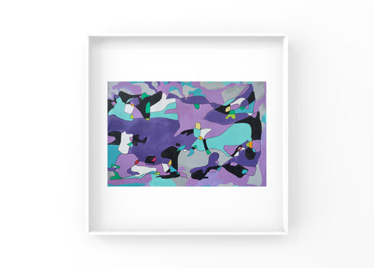 Shades of blue and purple dominate the piece, symbolizing the coldness and melancholy of a rainy day—much like the thick clouds and fine rain threads in the sky. These blue and purple blocks interweave and overlap with other colors such as black, white, green, and yellow, forming a free and unordered arrangement. These irregular color blocks are like paint scattered by rain, flowing freely across the canvas without any constraints, embodying a sense of spontaneity and freedom.