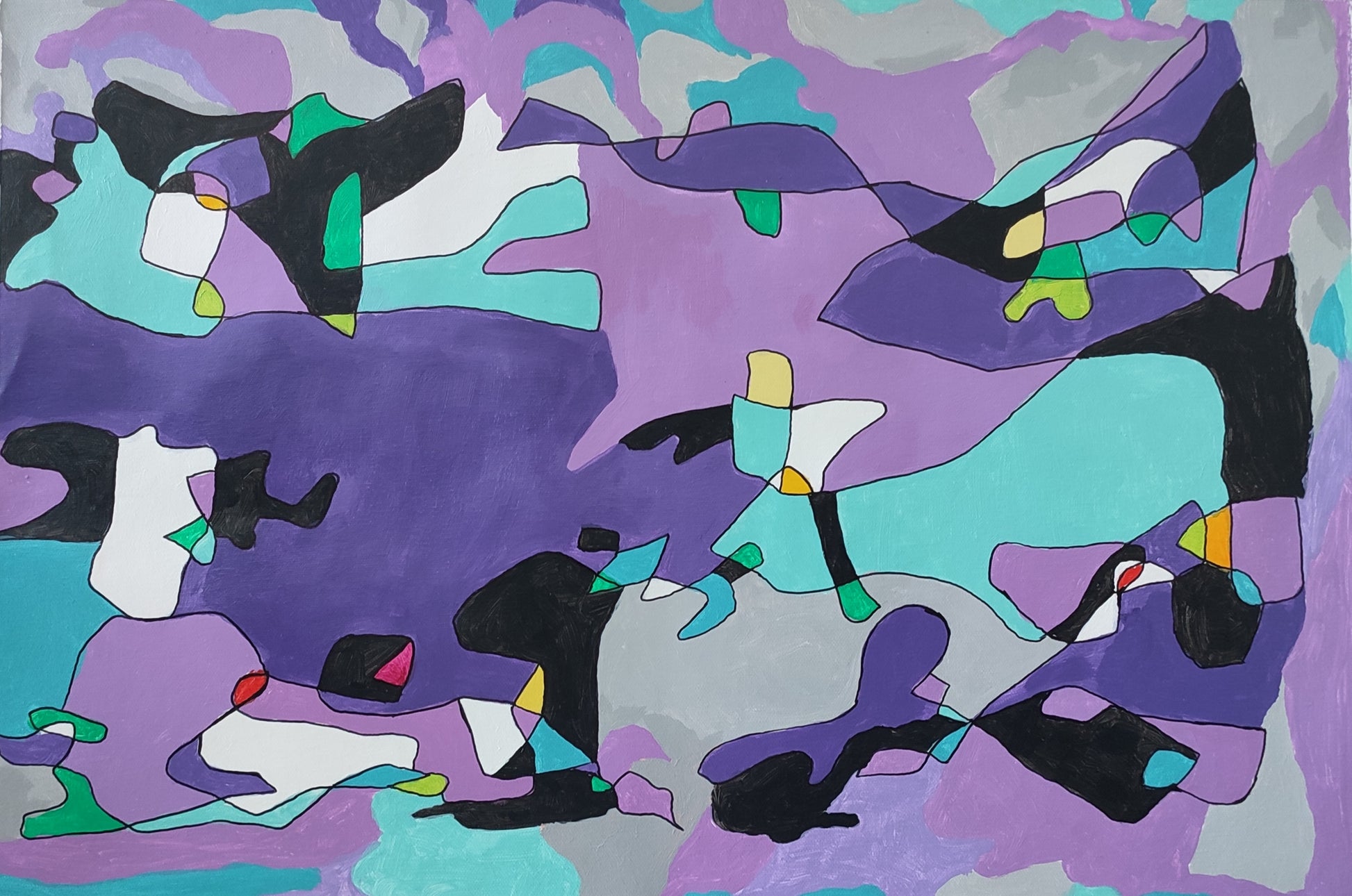 Shades of blue and purple dominate the piece, symbolizing the coldness and melancholy of a rainy day—much like the thick clouds and fine rain threads in the sky. These blue and purple blocks interweave and overlap with other colors such as black, white, green, and yellow, forming a free and unordered arrangement. These irregular color blocks are like paint scattered by rain, flowing freely across the canvas without any constraints, embodying a sense of spontaneity and freedom