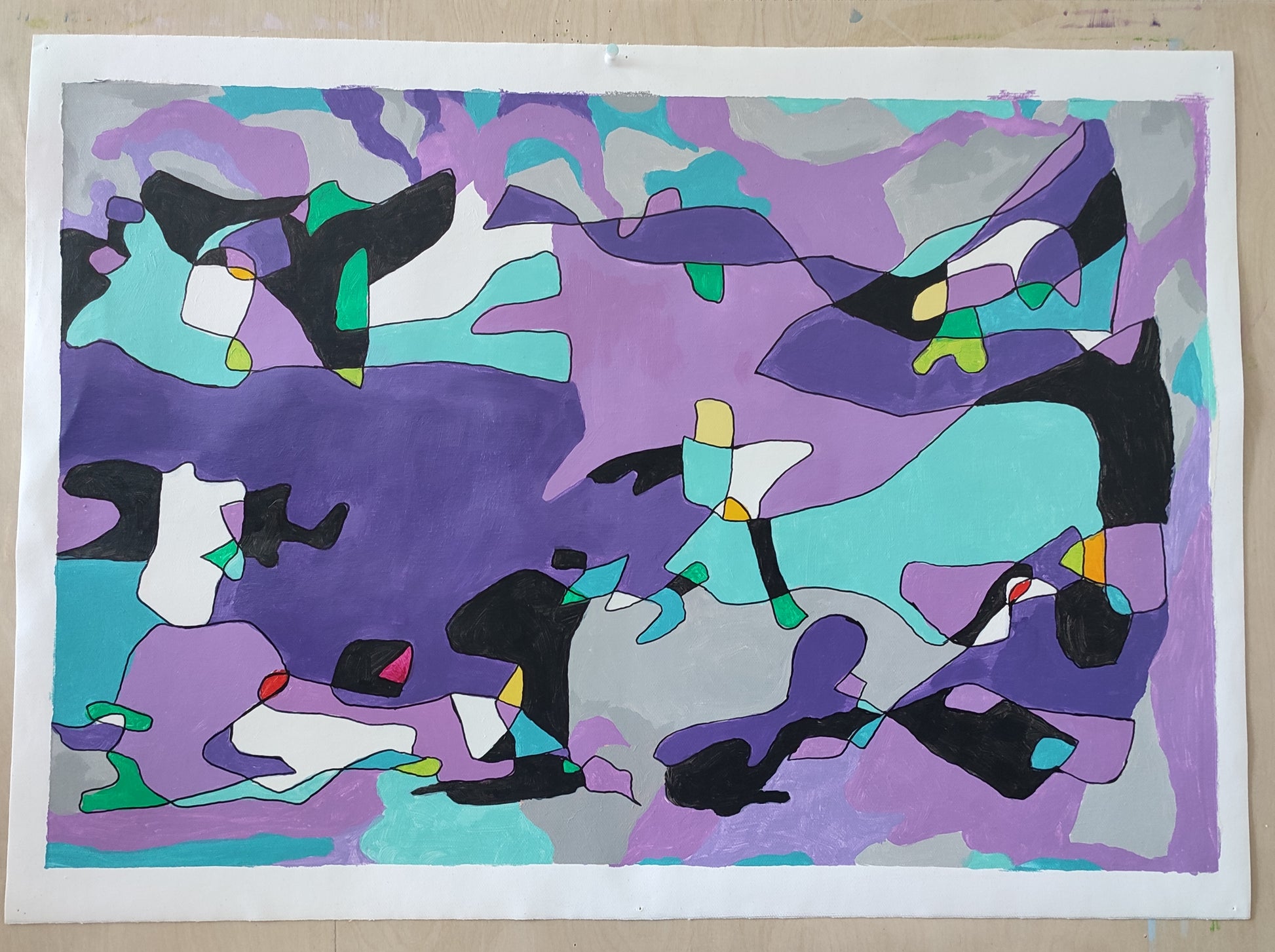 Shades of blue and purple dominate the piece, symbolizing the coldness and melancholy of a rainy day—much like the thick clouds and fine rain threads in the sky. These blue and purple blocks interweave and overlap with other colors such as black, white, green, and yellow, forming a free and unordered arrangement. These irregular color blocks are like paint scattered by rain, flowing freely across the canvas without any constraints, embodying a sense of spontaneity and freedom