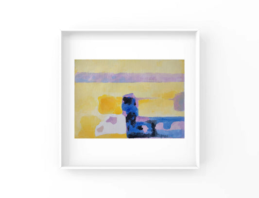 A large expanse of bright yellow spreads across the canvas, a concrete manifestation of sunlight pouring down, like a warm, melting halo embracing everything. A pale purple horizontal band, resembling the soft transition between the sky and the earth, adds a sense of spatial hierarchy. Color blocks of various forms—some like creatures resting lazily, others like creations growing freely—are scattered and blended randomly across the yellow background. The collision and harmony between colors, free from the c