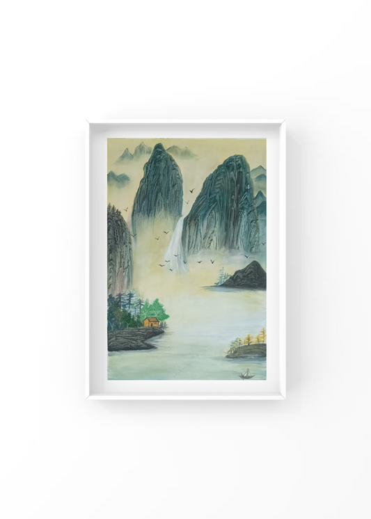 Birds Roosting by a Startling Waterfall